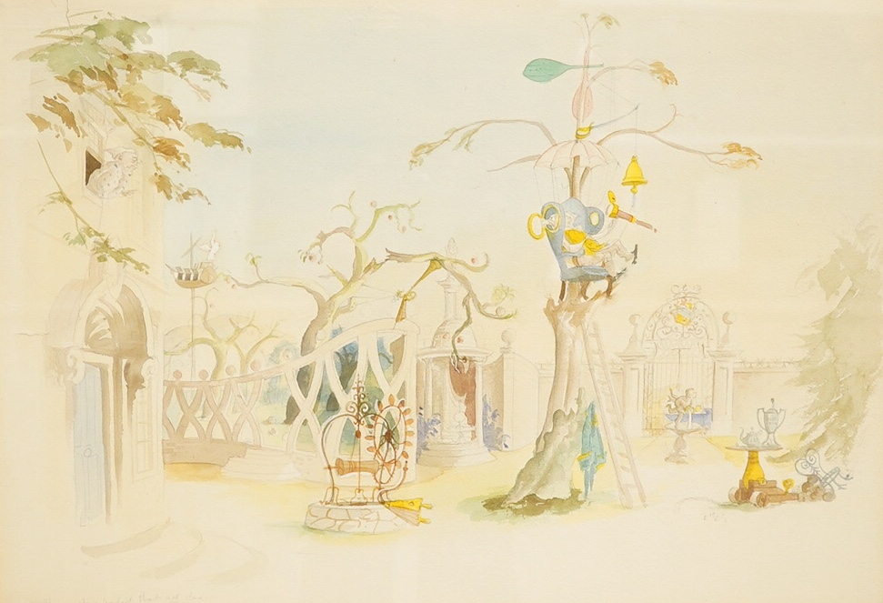 Rowland Emett (Cartoonist, 1906–1990), pair of pencil and watercolours, Surreal garden views, each signed and inscribed in pencil, 35 x 50cm. Condition - faded